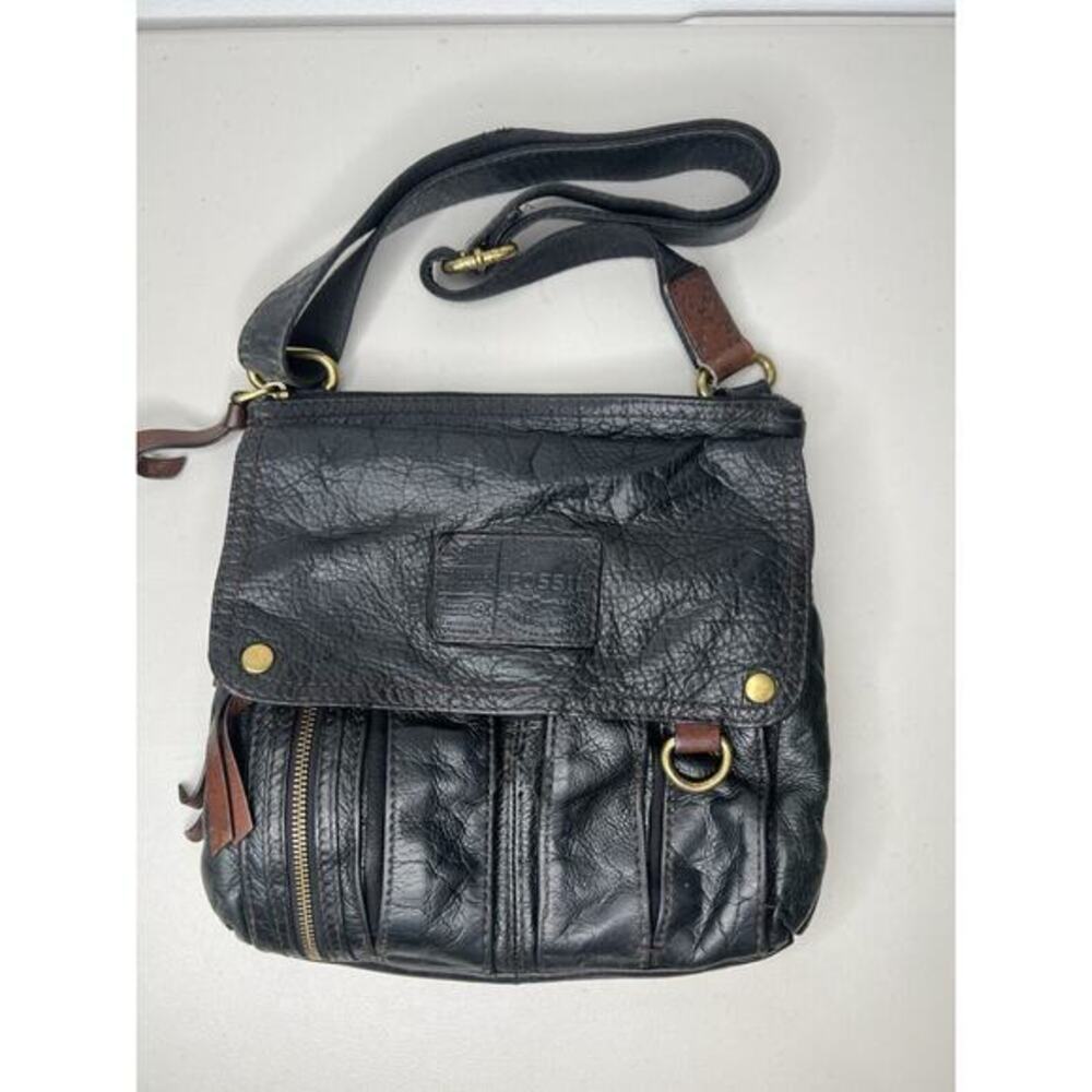 Fossil Morgan Traveler Crossbody Black Brown Leather Messenger Handbag Purse
